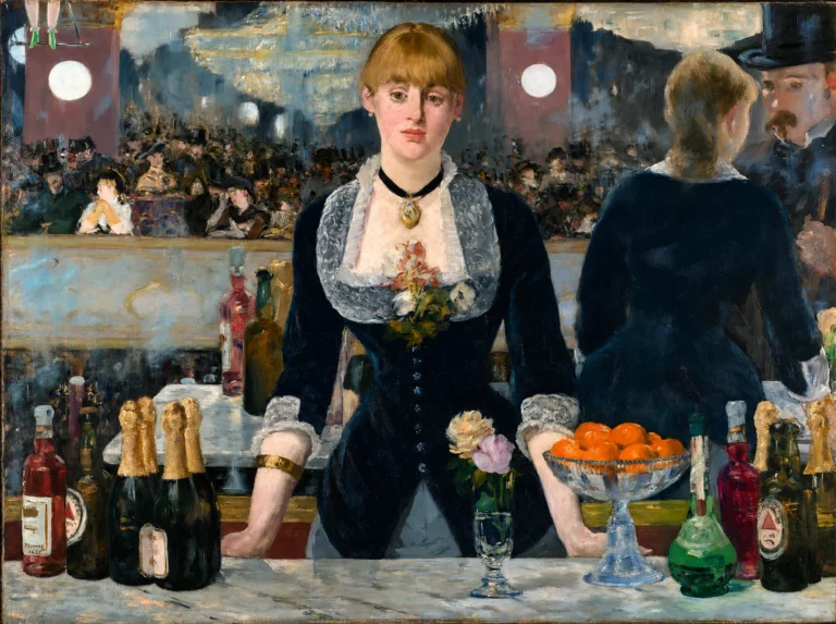 Vibrant color edit of “A Bar at the Folies-Bergère” by Édouard Manet, showing a barmaid standing behind a marble counter with bottles, oranges, flowers, and a crowded mirrored café interior behind her.