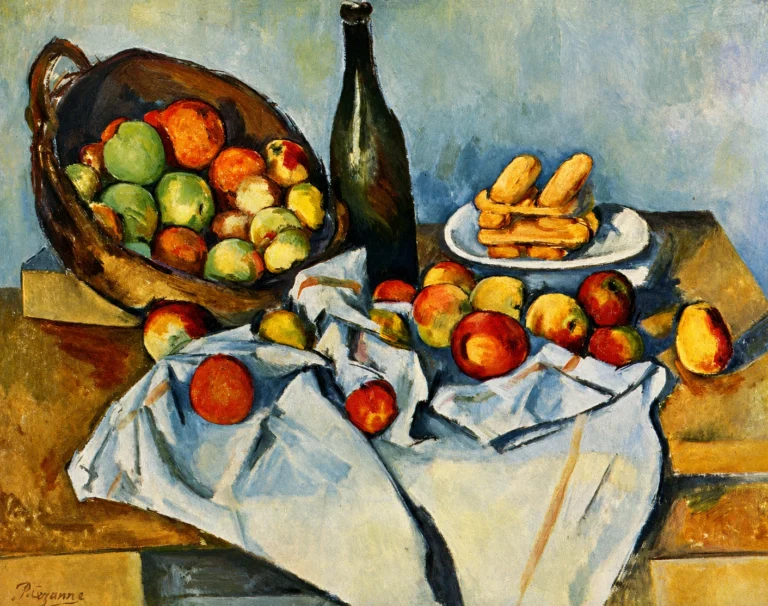 Vibrant color edit of “Basket of Apples” by Paul Cezanne, showing a tilted basket of fruit, a dark bottle, scattered apples, folded white cloths, and a plate of biscuits on a tabletop.