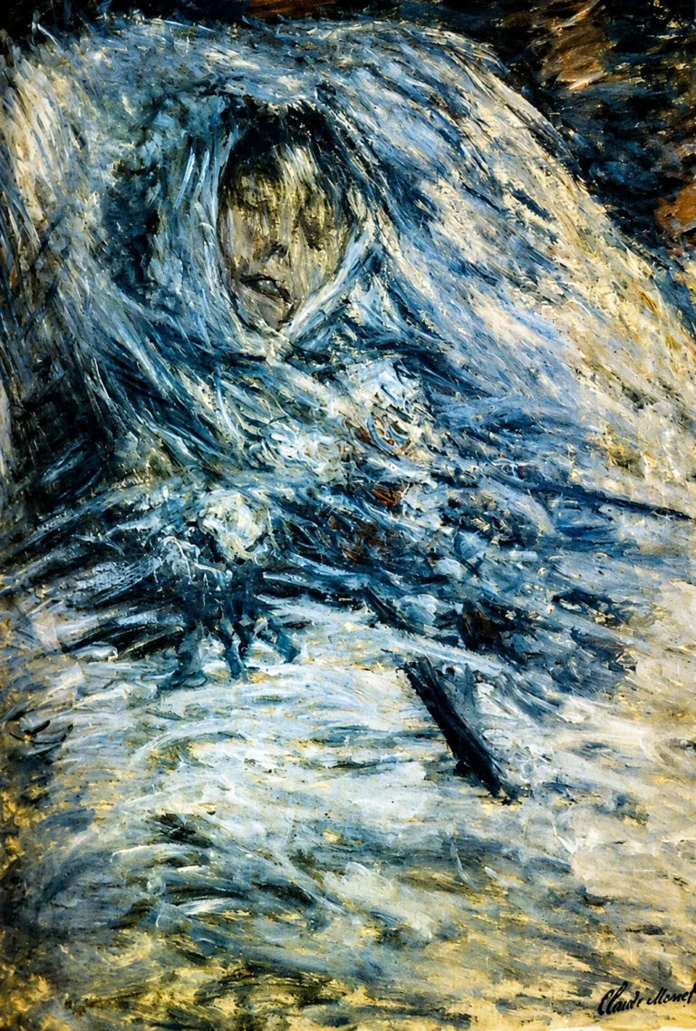 Vibrant color edit of “Camille Monet On Her Deathbed” by Claude Monet, showing a somber figure wrapped in pale blue and white bedding, with sharpened brushwork and a richer yet non-neon palette that emphasizes the painting’s cold, mournful atmosphere.