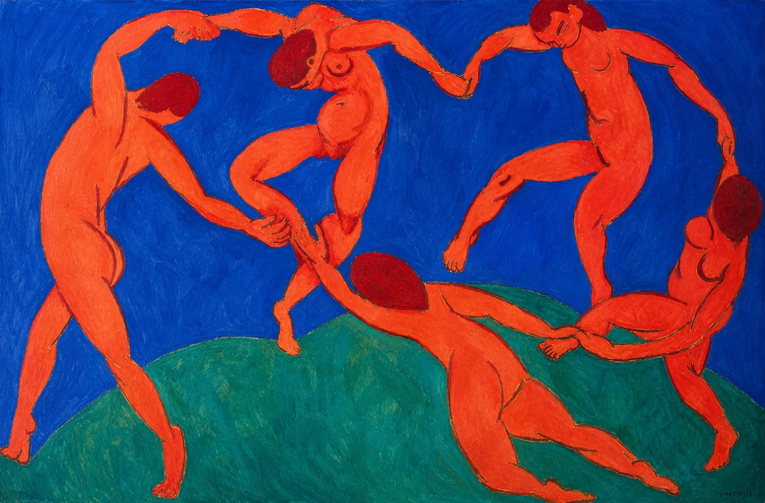 Vibrant color edit of “Dance” by Henri Matisse, showing five red-orange nude figures holding hands in a circular dance across a green hill against a rich blue background.