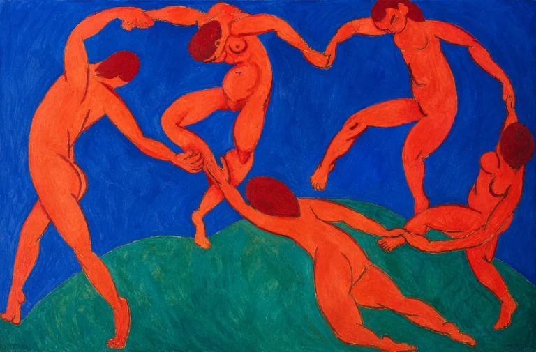 Vibrant color edit of “Dance” by Henri Matisse, showing five red-orange nude figures holding hands in a circular dance across a green hill against a rich blue background.