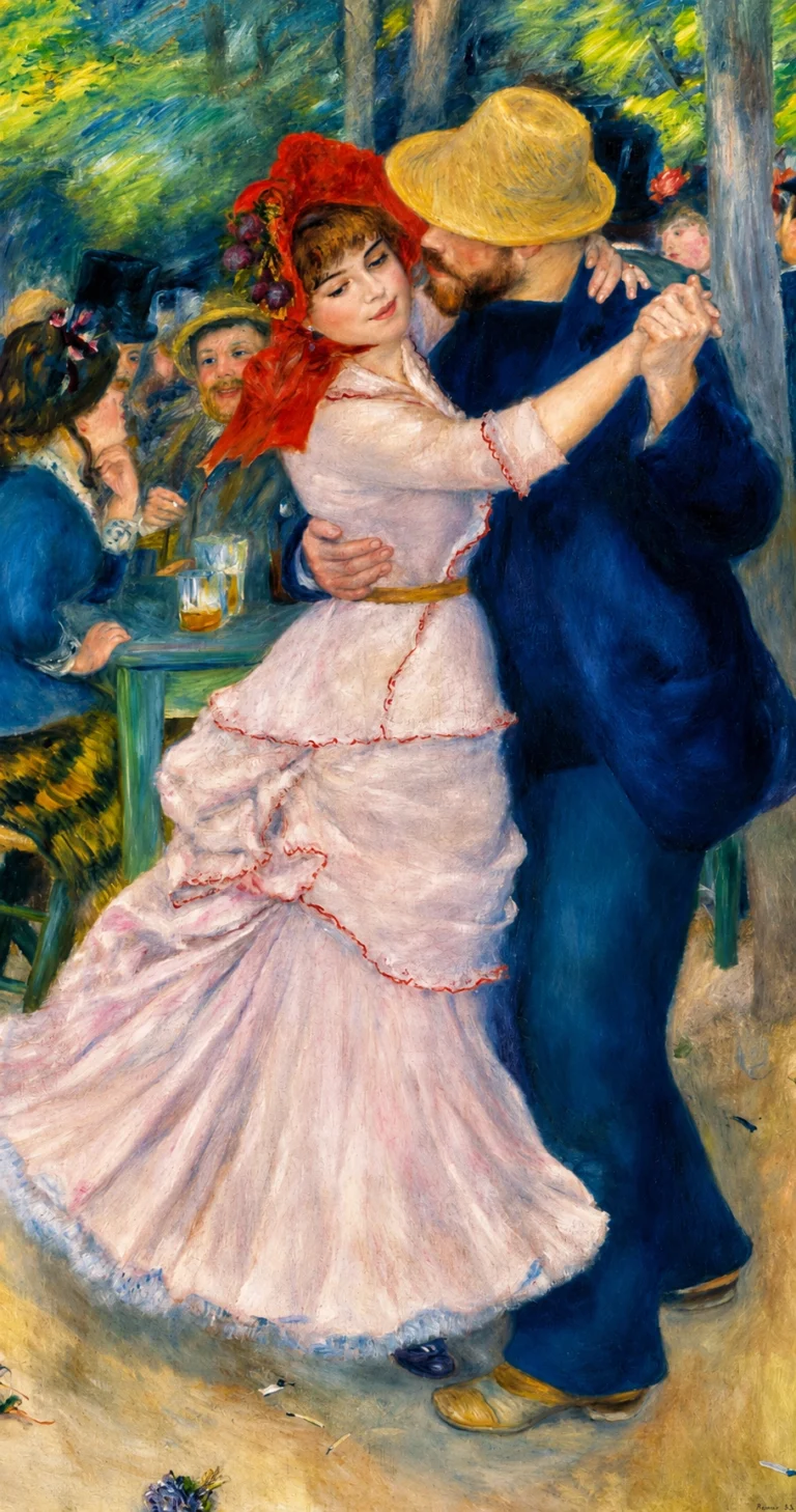 Vibrant color edit of “Dance at Bougival” by Pierre-Auguste Renoir, showing a couple dancing closely at an outdoor café, with the woman in a pale pink dress and red bonnet and the man in a dark blue suit and straw hat.