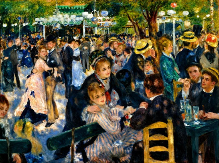 Vibrant color edit of “Dance at Moulin de la Galette” by Pierre-Auguste Renoir, showing a lively outdoor Parisian dance scene filled with figures, lanterns, trees, and café tables.