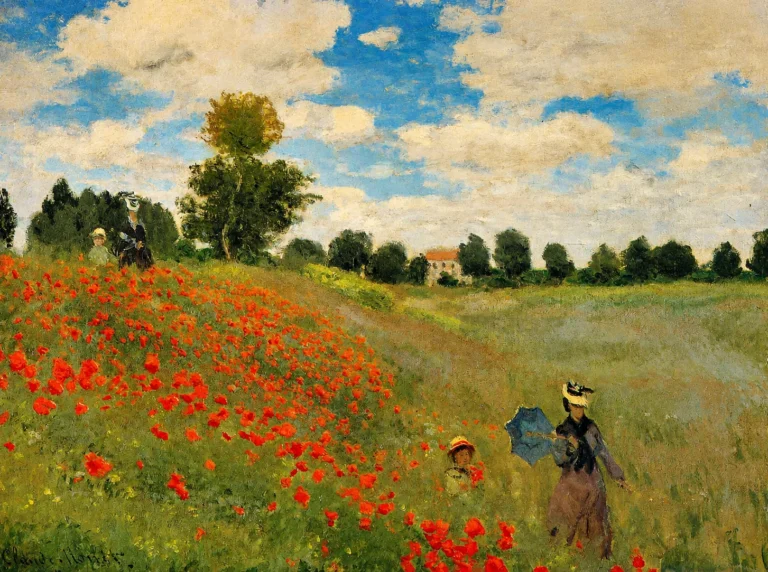 Vibrant color edit of “Field of Poppies” by Claude Monet, showing a sunlit meadow filled with red poppies, figures walking through the grass, distant trees, and a bright cloud-filled sky.