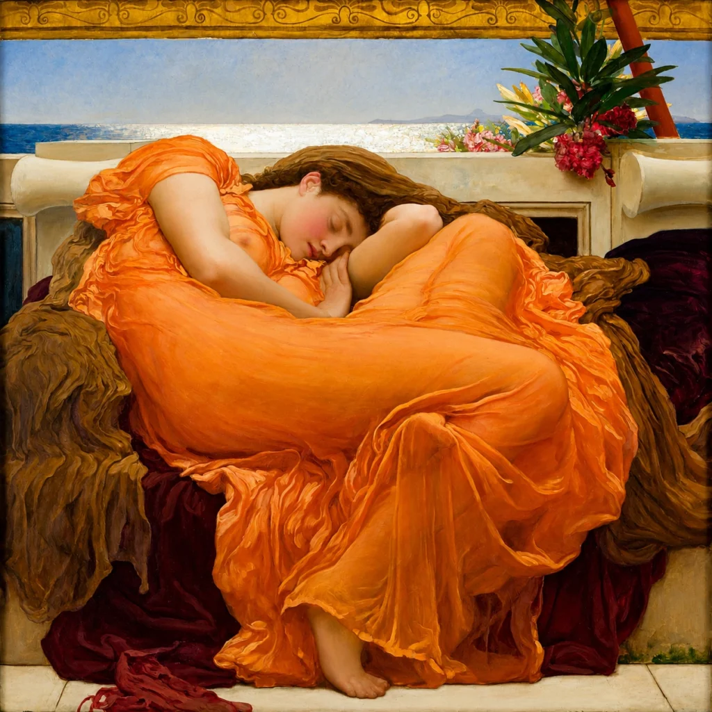 Vibrant color edit of Flaming June by Frederic Leighton, showing a sleeping woman in a flowing orange gown curled on a marble bench, with rich warm tones, deep drapery, and a calm seascape in the background.