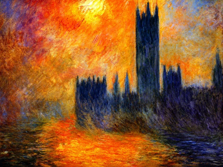 Vibrant color edit of Claude Monet’s “House of Parliament, Sun,” showing the dark Gothic silhouette of the Houses of Parliament against a glowing orange and yellow sky reflected in the river.