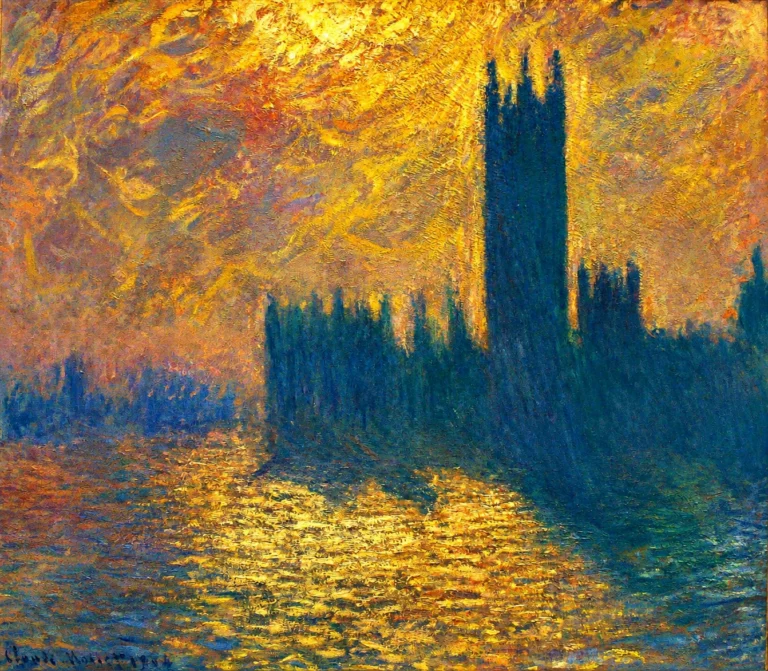 Vibrant color edit of “Houses of Parliament” by Claude Monet, showing the Gothic silhouette of London’s Parliament rising against a glowing golden sky, with shimmering reflections across the River Thames.