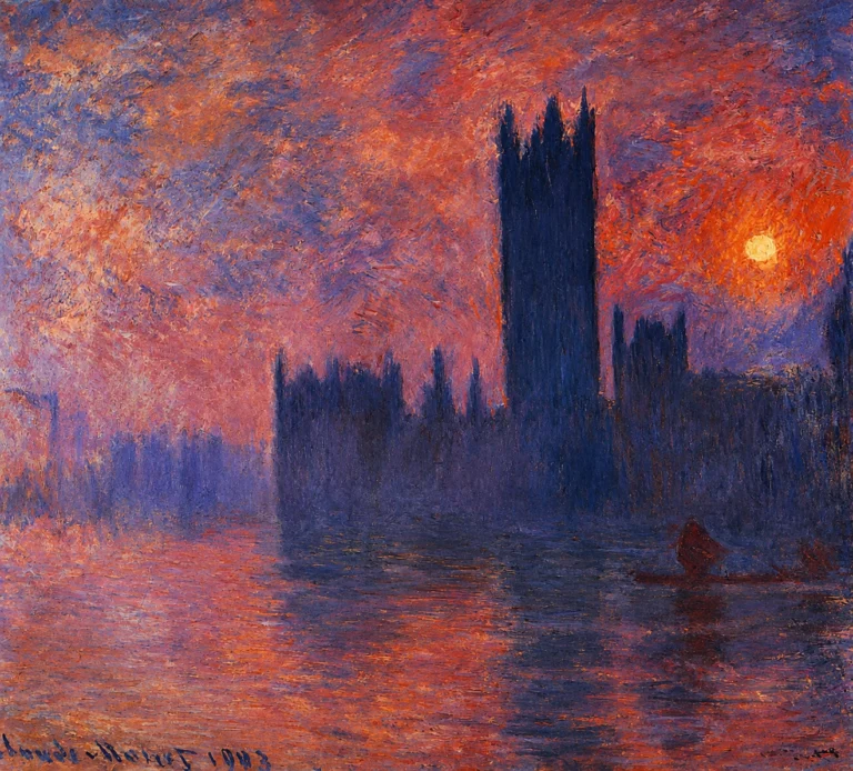 Vibrant color edit of “Houses of Parliament at Sunset” by Claude Monet, showing the dark silhouette of London’s Parliament rising above the Thames beneath a glowing red, purple, and orange sunset sky.