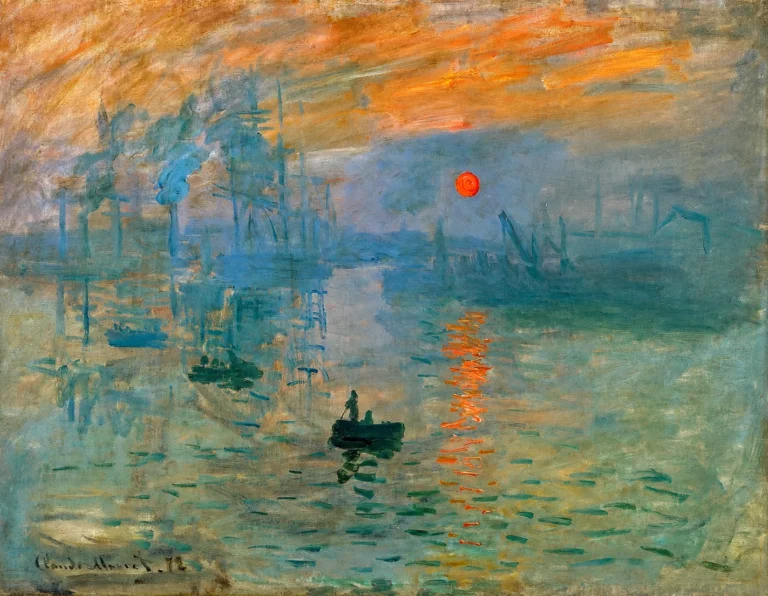 Vibrant color edit of “Impression, Sunrise” by Claude Monet, showing a misty harbor at dawn with a glowing orange sun, shimmering reflections on the water, silhouetted boats, and hazy industrial forms in the distance.