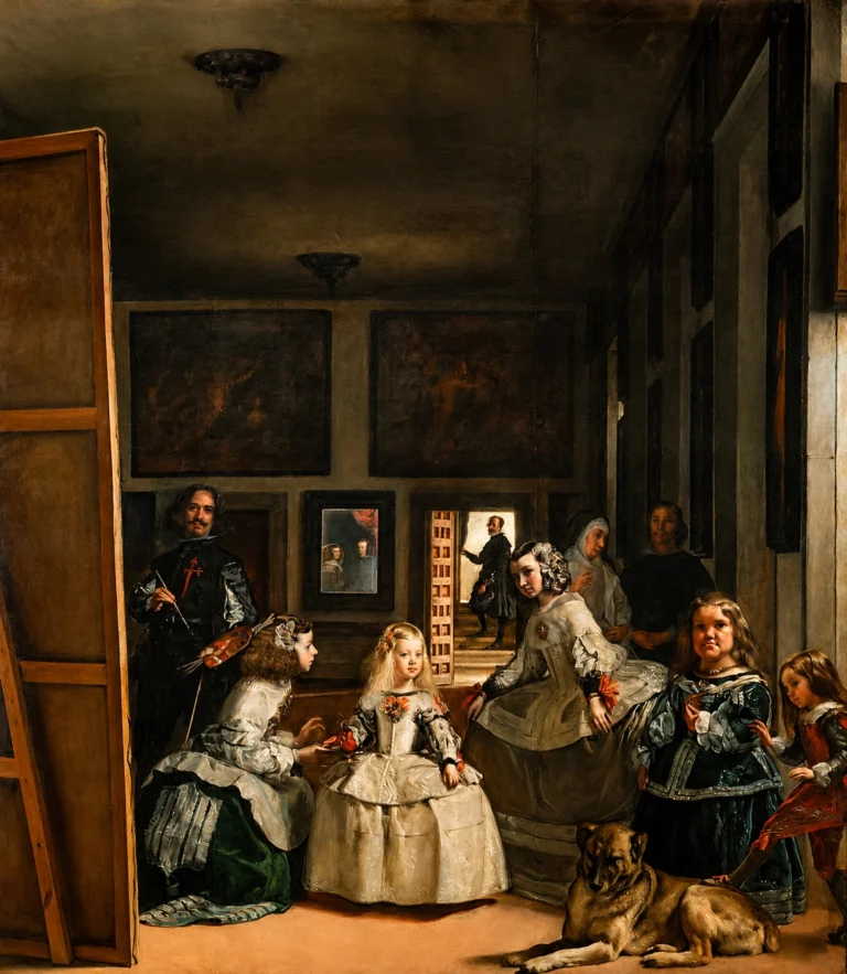 Vibrant color edit of “Las Meninas” by Diego Velázquez, showing the Infanta Margarita surrounded by attendants, court figures, the artist, and a dog in a shadowed royal studio.