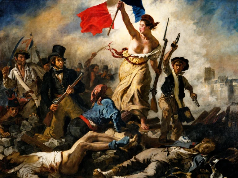 Vibrant color edit of “Liberty Leading the People” by Eugène Delacroix, showing Liberty raising the French tricolor above revolutionaries and fallen figures amid smoke and rubble.