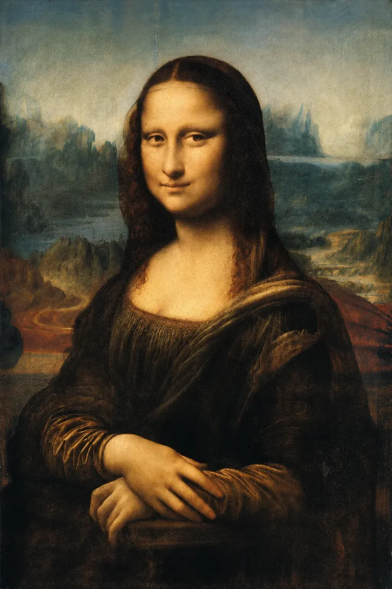 Vibrant color edit of “Mona Lisa” by Leonardo da Vinci, showing the seated Renaissance portrait with richer golden tones, sharper details, and a misty mountainous landscape in the background.