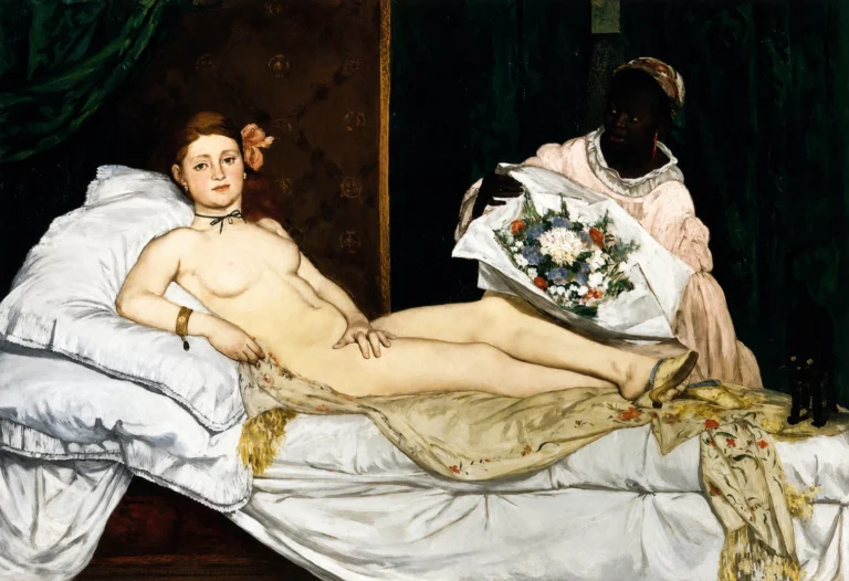 Vibrant color edit of “Olympia” by Édouard Manet, showing a reclining woman on a white bed with a maid presenting flowers in a dark interior, with sharper details and richer but non-neon colors.