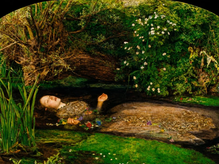 Vibrant color edit of “Ophelia” by John Everett Millais, showing Ophelia floating in a dark stream surrounded by lush green foliage, flowers, reeds, and richly detailed natural scenery.