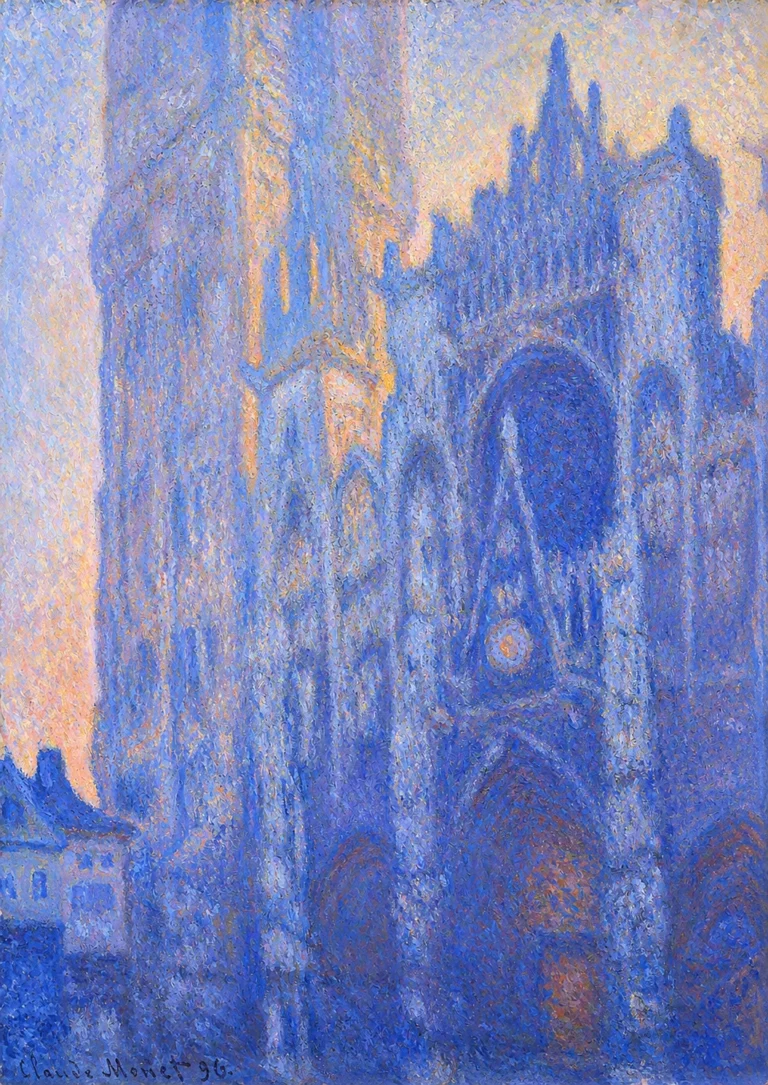 Vibrant color edit of “Rouen Cathedral Façade and Tour d'Albane” by Claude Monet, showing the Gothic cathedral in luminous blue, violet, and golden tones with a sharper, more vivid Impressionist texture.