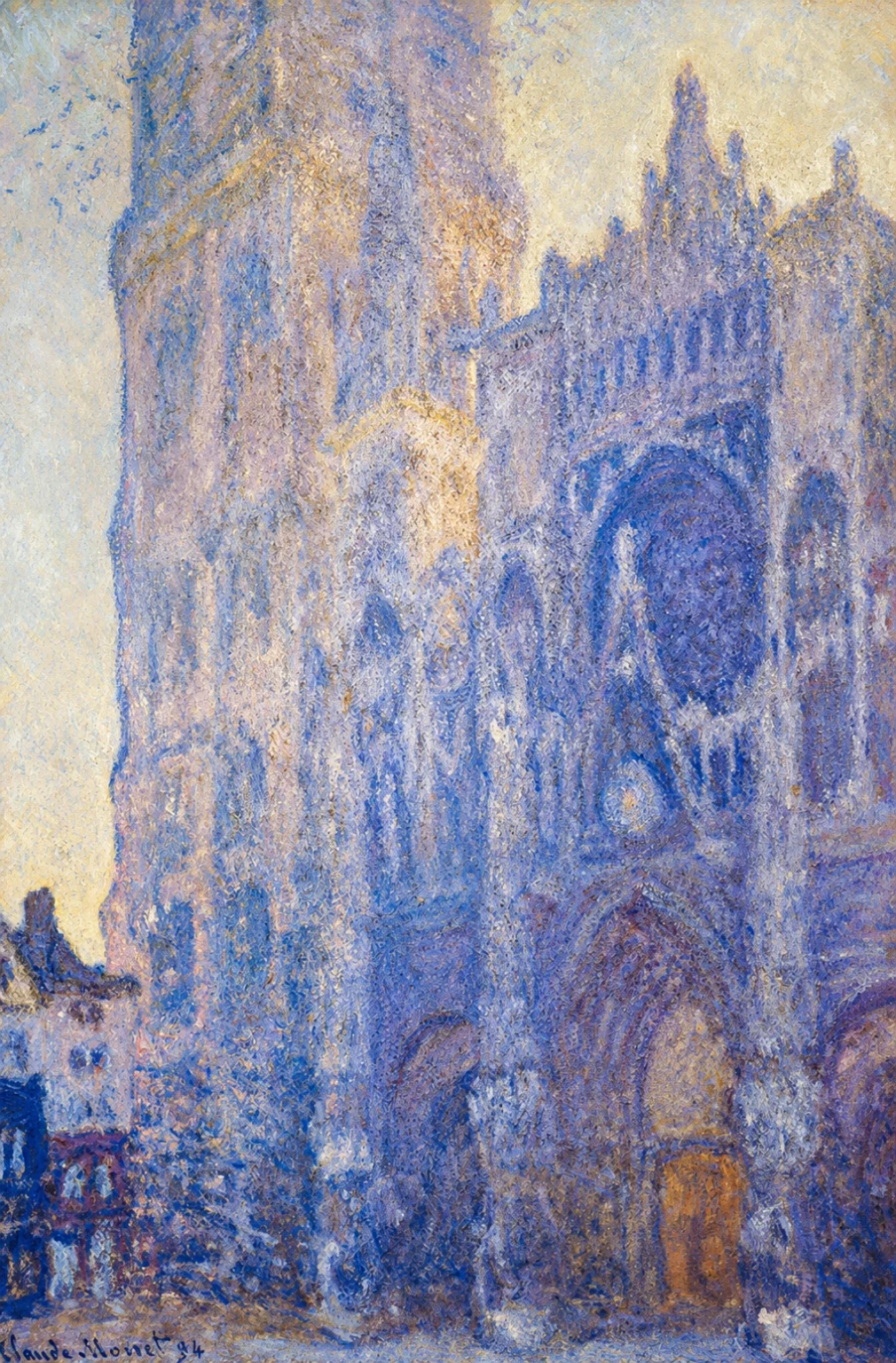 Vibrant color edit of “Rouen Cathedral; Morning - White Harmony” by Claude Monet, showing the cathedral façade in luminous blue, lavender, cream, and golden tones with sharpened impressionist brushwork.