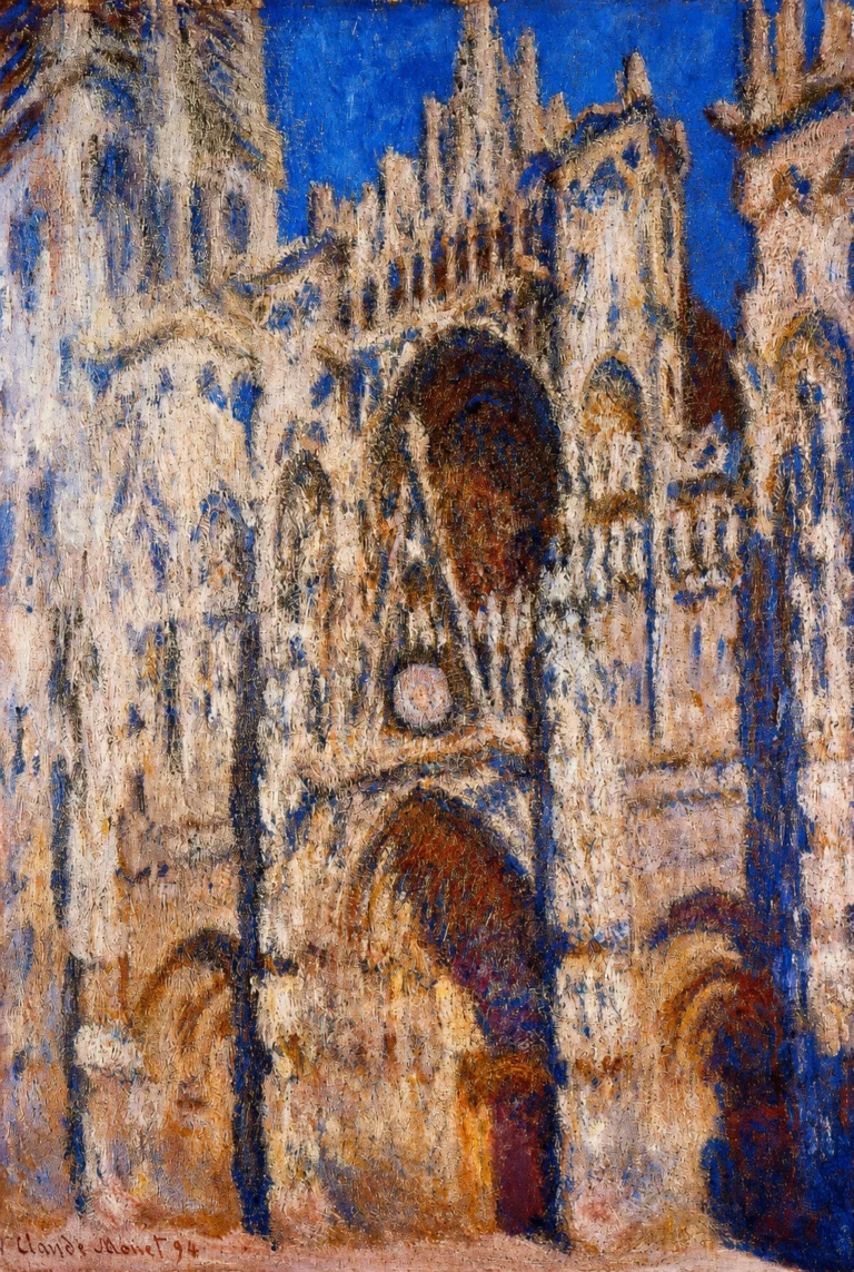 Vibrant color edit of “Rouen Cathedral” by Claude Monet, showing the Gothic cathedral façade in luminous cream, blue, ochre, and violet tones with sharper impressionist brushwork and a richer but non-neon color palette.