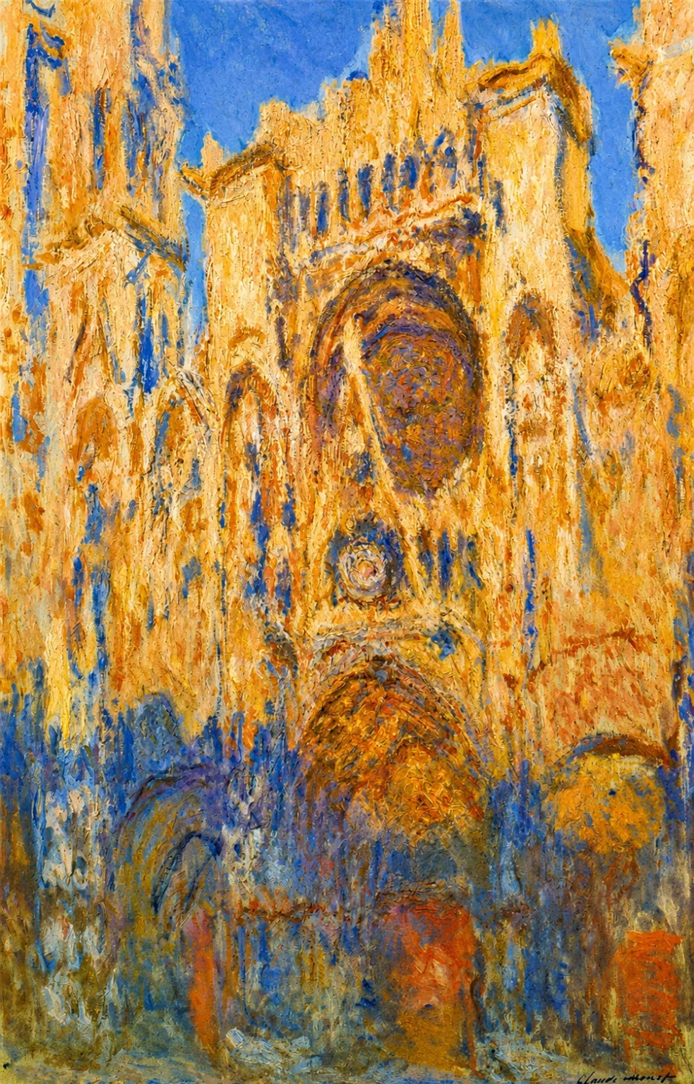 Vibrant color edit of Claude Monet’s “Rouen Cathedral,” showing the cathedral façade in luminous yellows, oranges, blues, and purples, with sharpened Impressionist brushwork and the original vertical composition preserved.