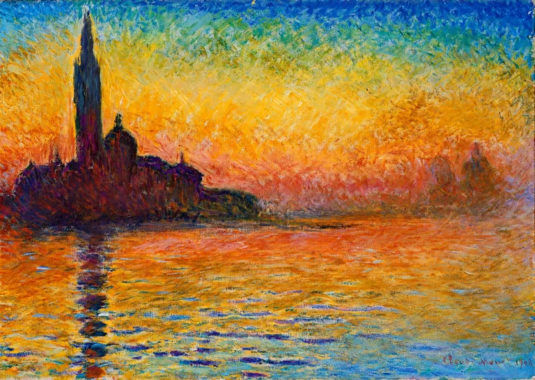 Vibrant color edit of “San Giorgio Maggiore at Dusk” by Claude Monet, showing the silhouetted Venetian church and bell tower against a glowing orange, yellow, and blue sunset reflected across the water.