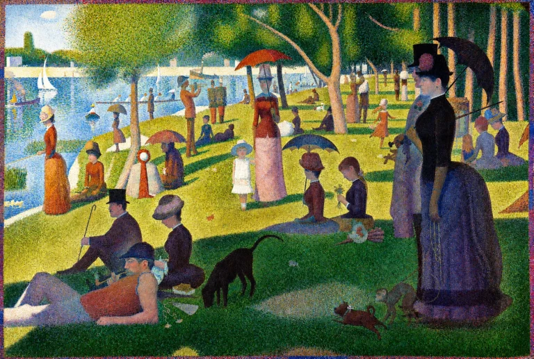 Vibrant color edit of “Sunday Afternoon on the Island of La Grande Jatte” by Georges Seurat, showing elegant figures, parasols, boats, trees, and animals in a sunny riverside park scene with a sharper, more saturated pointillist palette.