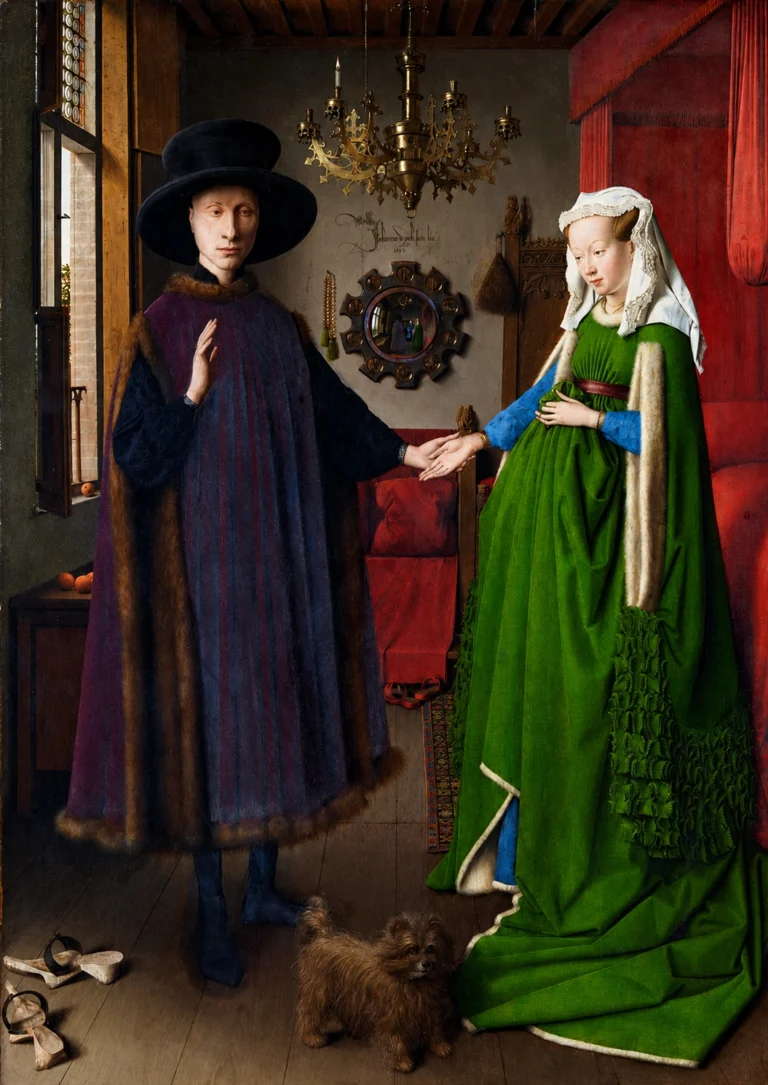 Vibrant color edit of “The Arnolfini Portrait” by Jan van Eyck, showing a richly dressed couple holding hands in a detailed domestic interior with a small dog, chandelier, convex mirror, red bed curtains, and a vivid green gown.