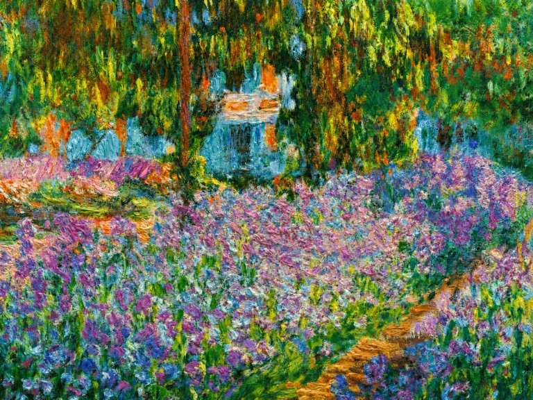 Vibrant color edit of “The Promenade, Woman with a Parasol” by Claude Monet, showing a woman holding a green parasol beside a child in a sunlit meadow under a bright blue sky filled with white clouds.