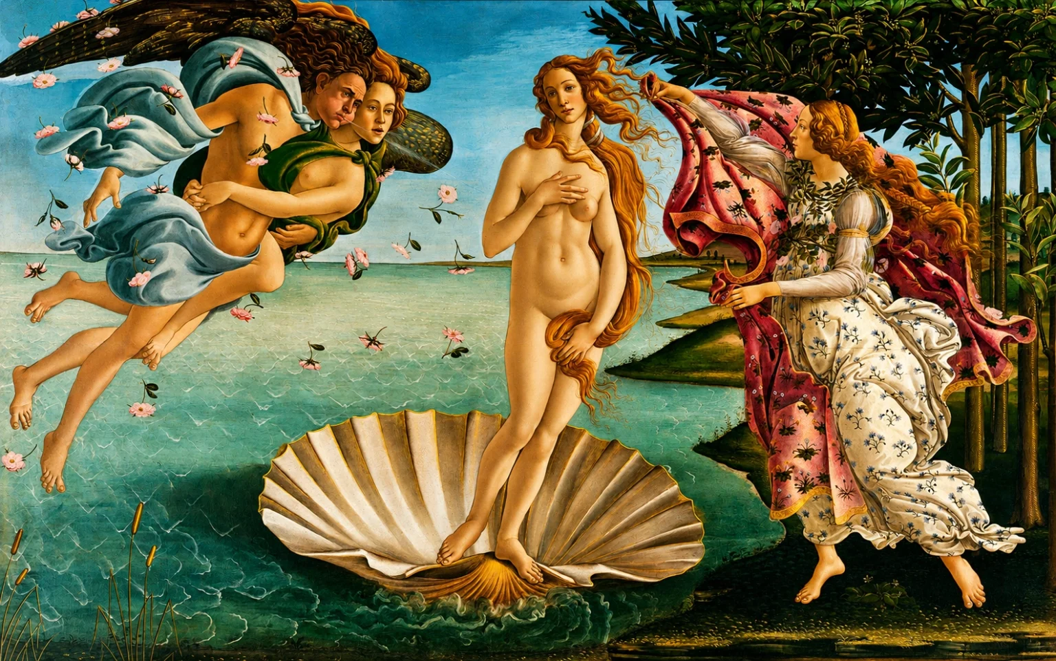 Vibrant color edit of “The Birth of Venus” by Sandro Botticelli, showing Venus standing on a shell as figures bring her to shore.