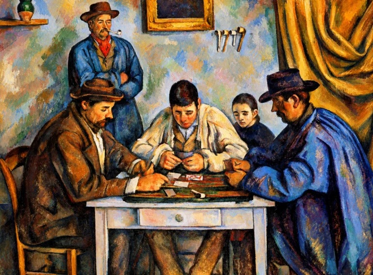 Vibrant color edit of “The Card Players” by Paul Cézanne, showing several figures gathered around a table in a rustic interior, focused on a card game with warm tones, richer blues, sharper details, and enhanced painterly texture.