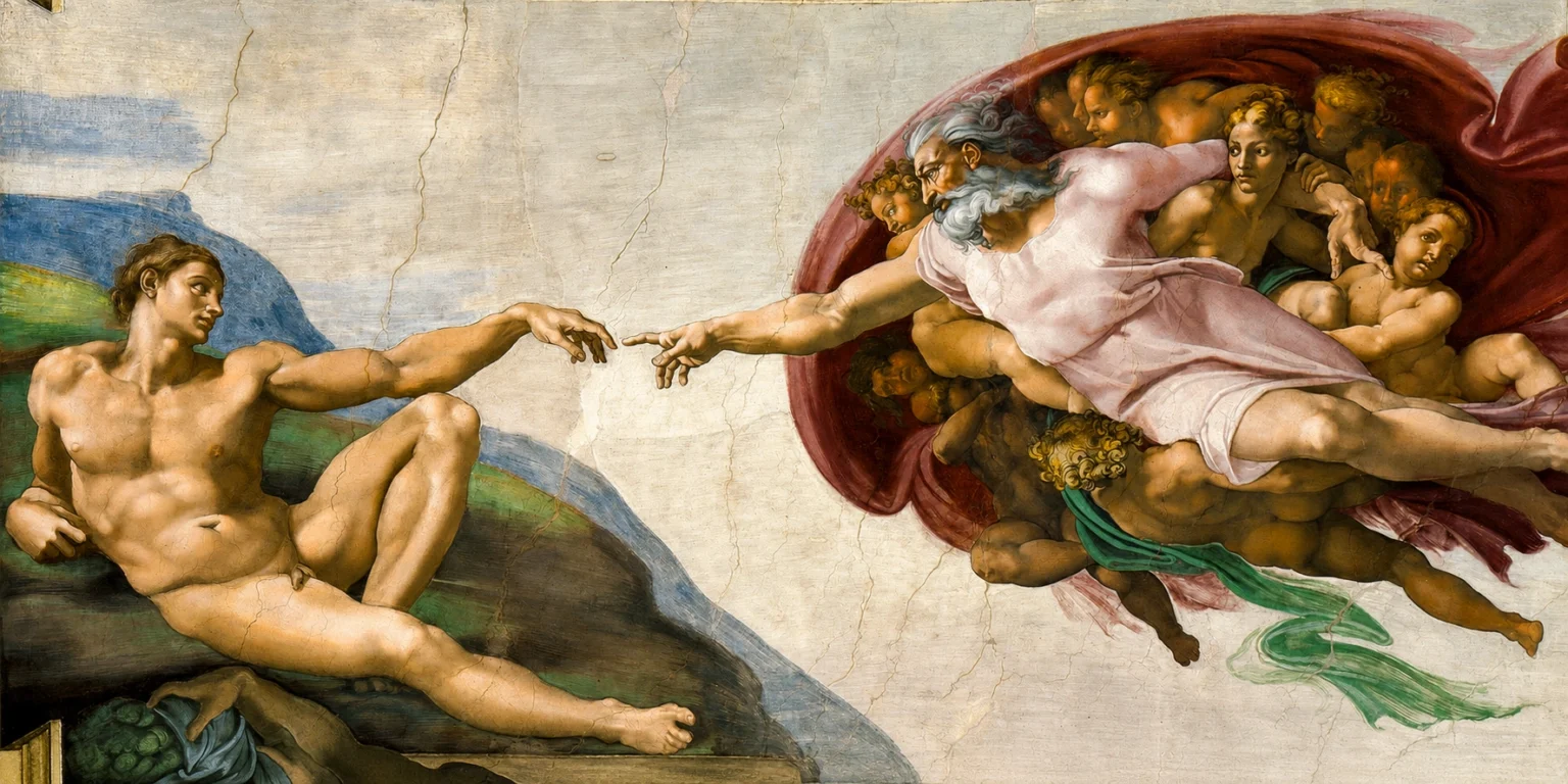 Vibrant color edit of “The Creation of Adam” by Michelangelo, showing Adam reclining on the left as God reaches toward him from the right, surrounded by figures and flowing red drapery.