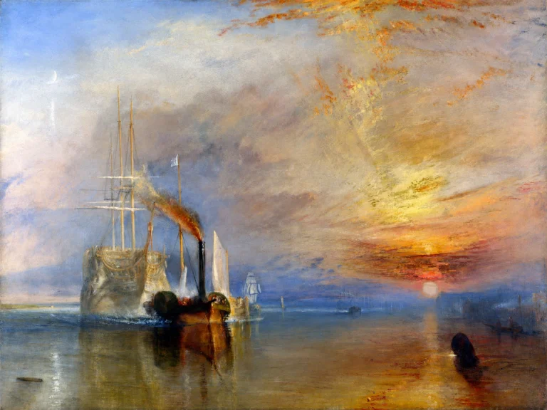 Vibrant color edit of “The Fighting Temeraire” by J.M.W. Turner, showing a steam tug pulling the ghostly warship across reflective water beneath a luminous sunset sky.