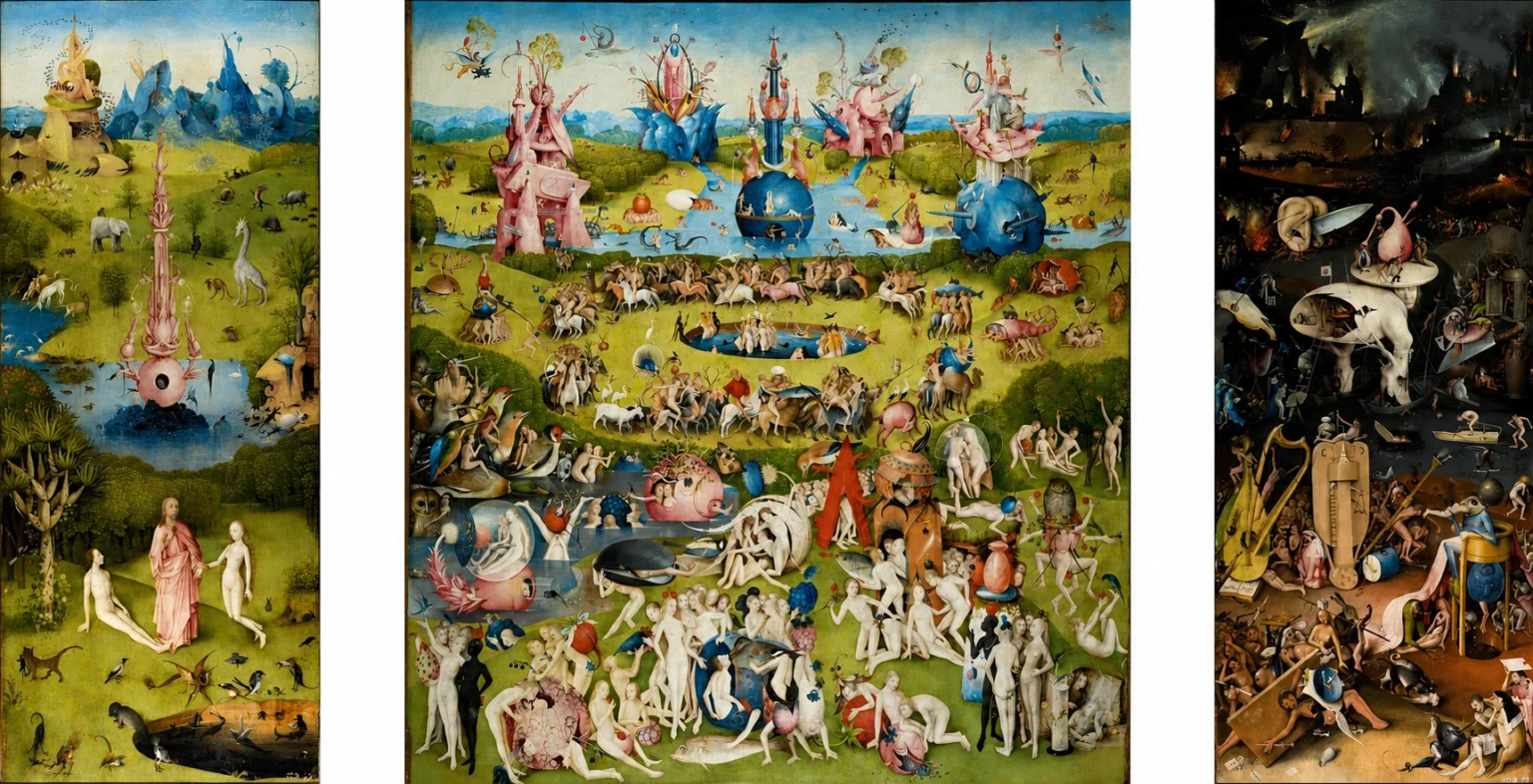 Vibrant color edit of The Garden of Earthly Delights by Hieronymus Bosch, showing the famous triptych with a bright Eden-like left panel, a crowded surreal central garden scene, and a dark hellish right panel filled with fantastical figures, animals, and symbolic details.