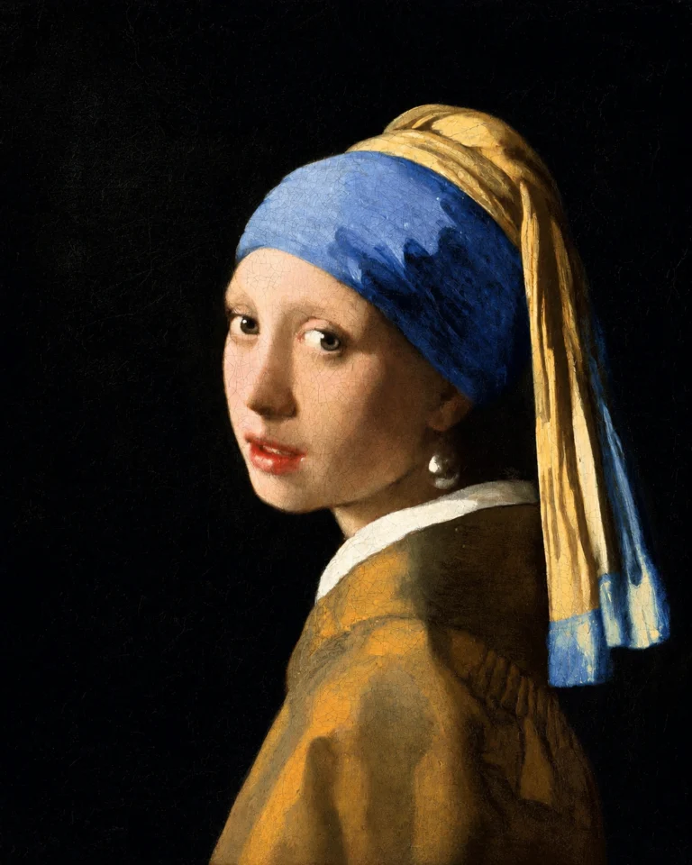 Vibrant color edit of *The Girl with a Pearl Earring* by Johannes Vermeer, showing the young woman in a blue and gold headscarf looking over her shoulder against a dark background, with sharpened detail and richer but natural colors.