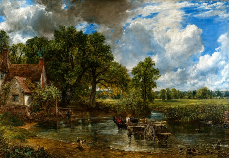 Vibrant color edit of “The Hay Wain” by John Constable, showing a rural river crossing with a wooden cart, horses, a cottage, lush trees, reflective water, and a dramatic cloudy sky.