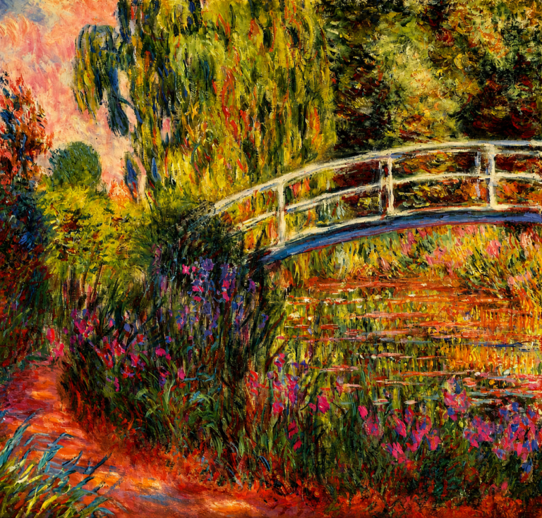 Vibrant color edit of The Japanese Bridge by Claude Monet, showing a white arched bridge over a lily pond surrounded by lush trees, irises, and richly colored garden foliage.