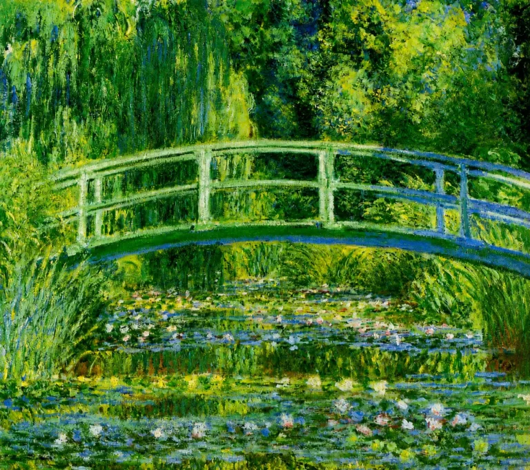 Vibrant color edit of Claude Monet’s *The Japanese Bridge*, showing a pale arched footbridge over a lily pond surrounded by lush green foliage, water lilies, and shimmering reflections.