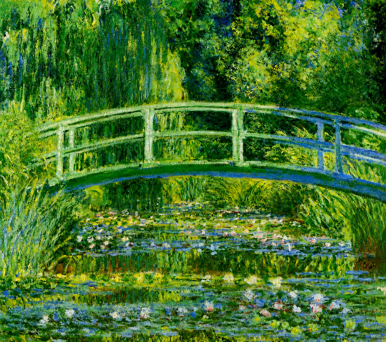 Vibrant color edit of Claude Monet’s *The Japanese Bridge*, showing a pale arched footbridge over a lily pond surrounded by lush green foliage, water lilies, and shimmering reflections.