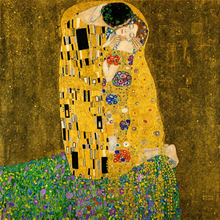 Vibrant color edit of *The Kiss* by Gustav Klimt, showing the embracing couple wrapped in ornate golden robes against a richly textured gold background, with brighter floral details and sharpened decorative patterns.