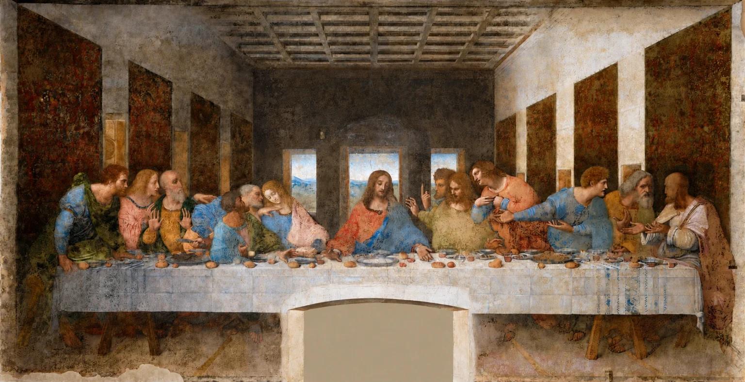 Vibrant color edit of “The Last Supper” by Leonardo da Vinci, showing Jesus and the apostles seated at a long table in a Renaissance dining hall, with enhanced blues, reds, golds, and architectural details while preserving the original composition.
