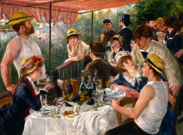 Vibrant color edit of *The Luncheon of the Boating Party* by Pierre-Auguste Renoir, showing a lively group of people gathered around a table under a striped canopy, with brighter warm tones, sharper details, and enhanced Impressionist color.