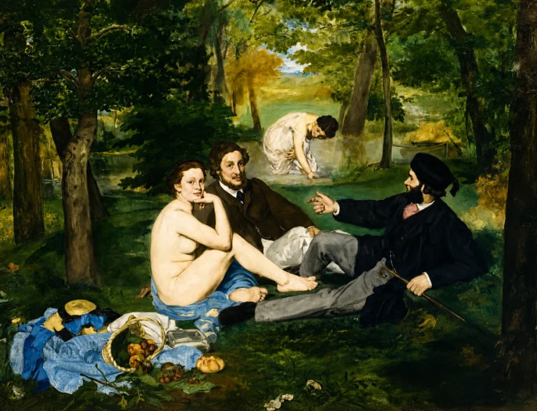 Vibrant color edit of “The Luncheon on the Grass” by Édouard Manet, showing two clothed men and a nude woman seated in a lush green woodland setting, with picnic items in the foreground and a woman bathing in the background.