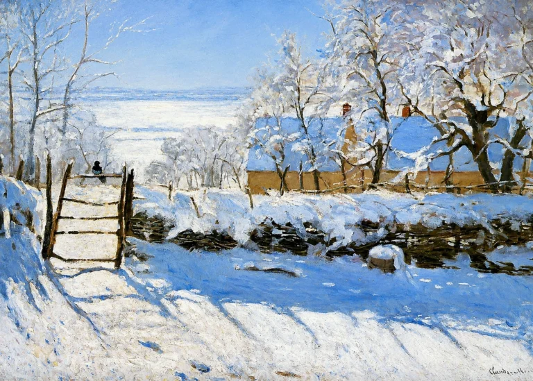 Vibrant color edit of *The Magpie* by Claude Monet, showing a snowy winter landscape with blue shadows, bare trees, a rustic wooden gate, and a small dark bird perched on the fence.