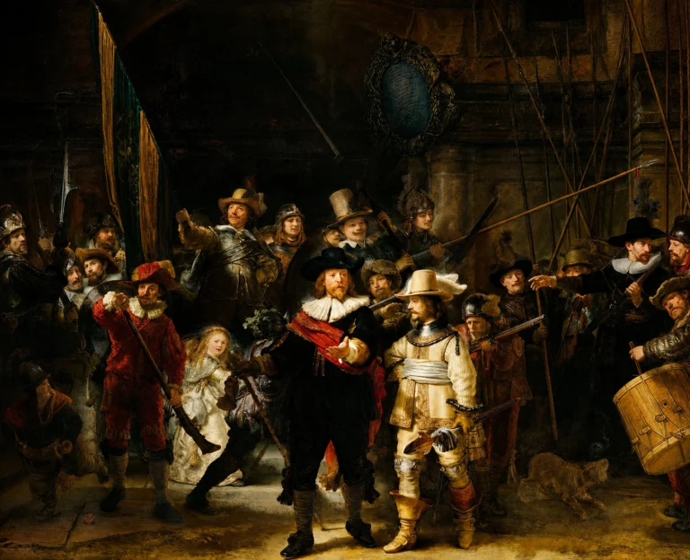 Vibrant color edit of “The Nightwatch” by Rembrandt, showing a dramatic 17th-century militia group gathered in rich shadow and golden light, with officers, soldiers, weapons, a young girl, a banner, and a drummer arranged in a crowded Baroque composition.