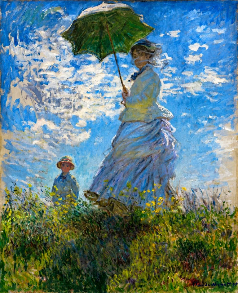 Vibrant color edit of “The Promenade, Woman with a Parasol” by Claude Monet, showing a woman holding a green parasol beside a child in a sunlit meadow under a bright blue sky filled with white clouds.