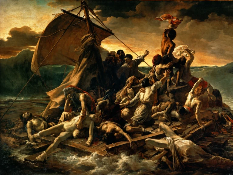 Vibrant color edit of “The Raft of the Medusa” by Théodore Géricault, showing a dramatic group of shipwrecked survivors on a raft beneath a stormy sky, with richer tones, sharper details, and the original composition preserved.