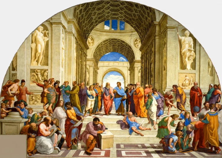 Vibrant color edit of “The School of Athens” by Raphael, showing philosophers gathered in a grand classical hall with arched architecture, marble statues, and richly colored robes.