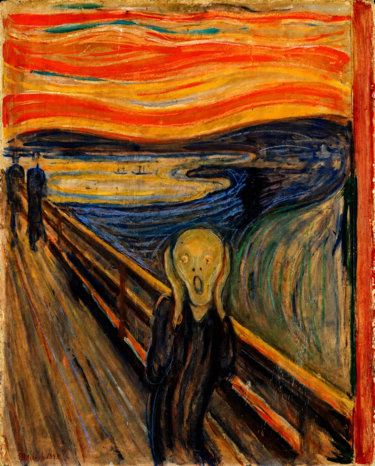 Vibrant color edit of *The Scream* by Edvard Munch, showing the iconic screaming figure on a bridge beneath swirling red, orange, yellow, and blue skies, with sharpened details and richer colors while preserving the original composition.