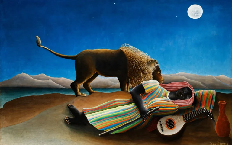 Vibrant color edit of *The Sleeping Gypsy* by Henri Rousseau, showing a sleeping figure in a striped robe beside a stringed instrument and vase, while a lion stands nearby under a deep blue moonlit sky.