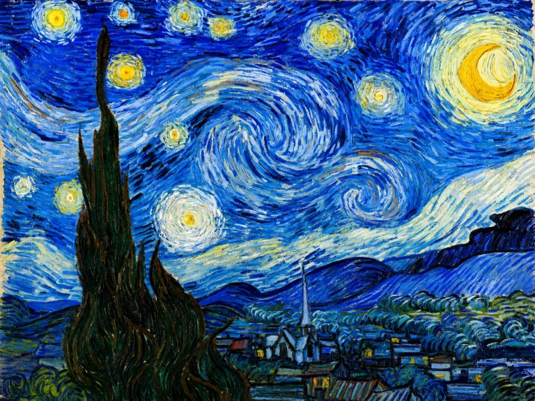 Vibrant color edit of “The Starry Night” by Vincent van Gogh, showing a swirling blue night sky with glowing yellow stars, a bright moon, a dark cypress tree, rolling hills, and a small village below.