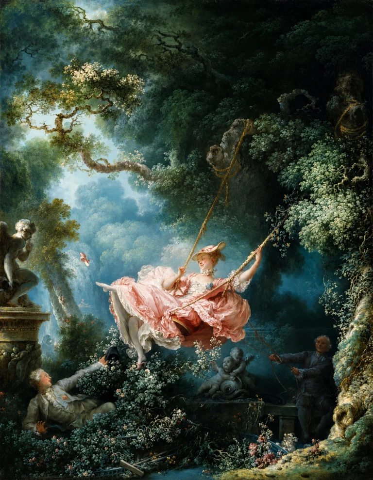 Vibrant color edit of “The Swing” by Jean-Honoré Fragonard, showing a woman in a pink Rococo dress swinging through a lush garden surrounded by trees, flowers, statues, and hidden figures.
