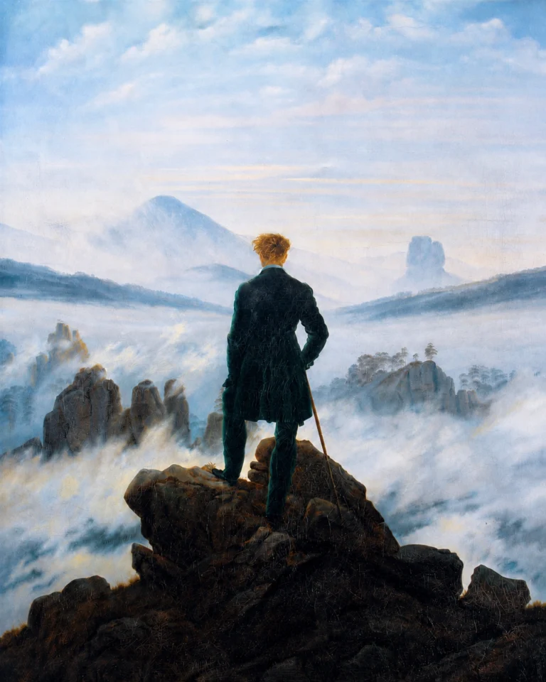 Vibrant color edit of “The Wanderer Above the Sea of Fog” by Caspar David Friedrich, showing a solitary figure standing on a rocky peak above misty mountains and clouds.